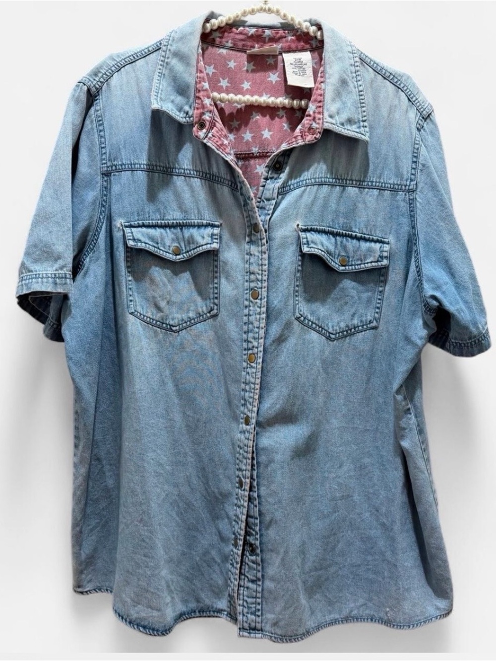 Cabin Creek Light Blue Denim Short-Sleeve Snap Button-Down Shirt Vintage Retro